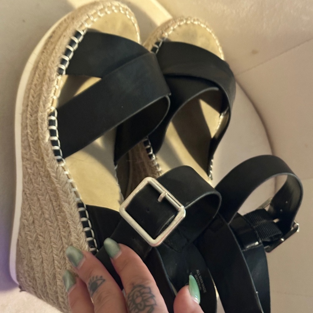 Buckle Black Wedge Sandals with Tan Accents